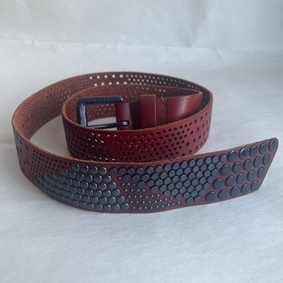 Diesel Leather Stud Brown Unisex Perforated Casual Biker Belt Large